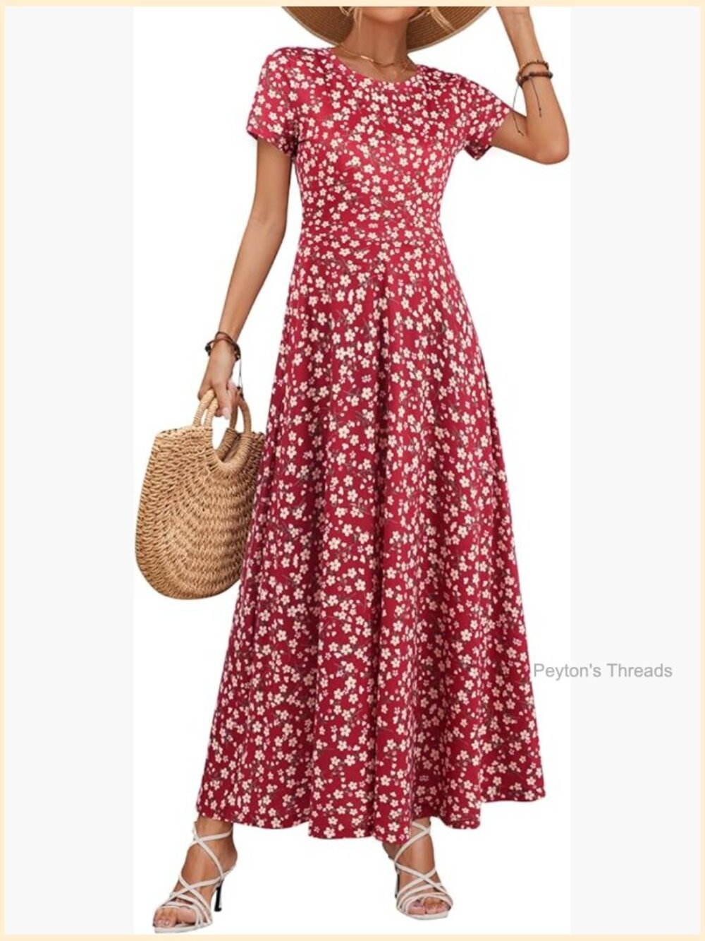 Flowy Maxi Dress with Pockets Short Sleeve Round Neck Casual Summer